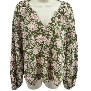 Boho Green Floral Block Print Blouse Split Neck Smocked Sleeves Sz S